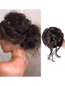 lot 6291 image: Messy Bun Hair Piece Hair Bun Scrunchies Curly Wavy Synthetic Chignon Ponytail Extensions Elastic Band Pieces Thick Updo Hairpieces for Women(Black Brown)