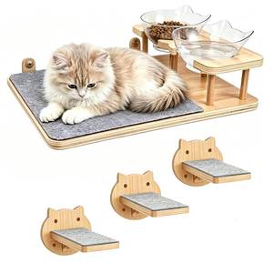 lot 11753 image: Cat Wall Shelves with Feeding Station, Wood Cat Shelves for Wall Large Cats, Floating Cat Ledge and Cat Wall Steps for Climbing, Dog Proof Cat Feeding Station Set