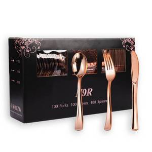 lot 11756 image: N9R 300PCS Rose Gold Plastic Silverware, Heavy Duty Plastic Cutlery Set, Disposable Rose Gold Utensils Include 100 Forks, 100 Spoons, 100 Knives, Perfect for Party Decorations