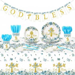 lot 11771 image: Yungyan 171 Pieces God Bless Baptism Party Supplies First Communion Tableware Set Serves 24 Guests Baptism Plates Napkins Cups Tablecloth for Newborn Baby Shower Christening Party Decoration (Blue)
