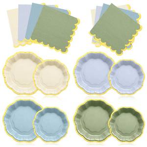 lot 11784 image: Vesici 60 Pcs Dusty Blue and Sage Green Party Plates with Napkins 9 Inch 7 Inch Paper Plates and Disposable Napkins with Gold Foil Border for Tea Birthday Bridal Baby Shower Wedding Party Supplies