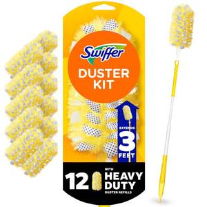 lot 12009 image: Swiffer Duster Kit with 3 ft Extendable Handle, Dusters for Cleaning, Set Includes 1 Extension Pole and 12 Heavy Duty Dusting Refills Dust Cleaner, Long Extended Wand for Ceiling Fans and Walls