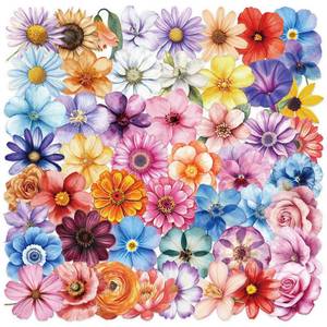 lot 12032 image: 50PCS Flower Stickers PET Transparent Stickers Colorful Nature Decals Waterproof Decorative Decals for Scrapbook DIY Crafts Album Bullet Journal Planner Water Bottles Phone Cases Laptops
