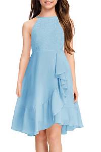 lot 12038 image: MITILLY Girls Cute Chiffon Sundress Lace Spaghetti Strap A Line Ruffle Tween Dance Fancy Swing Kids Party Country Dress 12 Years Light Blue