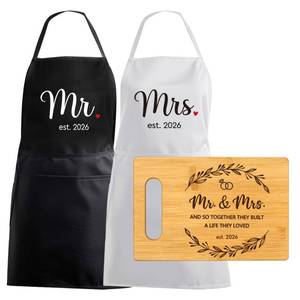 lot 12091 image: Palasarkaaa Mr & Mrs Aprons with Pocket and Cutting Board Warming Kitchen Gifts Set for Newlywed, Wedding Housewarming Gifts for Couples 2026