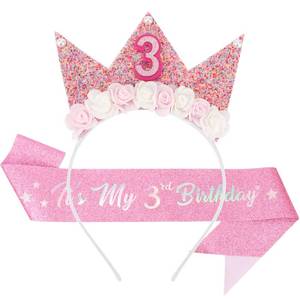 lot 12117 image: SuPoo 3rd Birthday Sash & Birthday Girl Headband Crown Set 3rd Birthday Decorations for Girl Flower Princess Tiara Glitter Pearl Hair Band 3 Year Old Happy Birthday Party Outfit Accessory