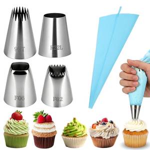 lot 12159 image: 5 PCS Large Piping Tips Set, Stainless Steel Frosting Tip with Reusable Pastry Bag Silver Pastry Cake Decorating Tip Cake Decorating Set Frosting Icing Tips for Jumbo Eclair Churro Meringue