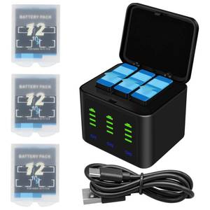 lot 12442 image: Battery Charger Kits for GoPro Hero 12 11 10 9 Black, 3-Pack 2000mAh Replacement Batteries  Triple Charge Case with Type-C Charging Cord for Go Pro 12 11 10 9 Official Batteries Accessories