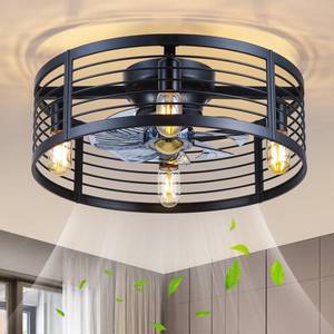 lot 13457 image: NSXQMUV Caged Ceiling Fan with Light Flush Mount, 20 Inch Low Profile Black Fandelier with Remote, Bladeless Ceiling Fans with Lights for Bedroom Kitchen Dining Room (Bulb Not Included)