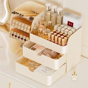 lot 13458 image: Booklov Makeup Organizer for Vanity, Countertop Cosmetic Display Case with Drawer, Bathroom Counter Beauty Caddy, Comfyroom Table Storage Holder for Skincare, Brush Eyeliner Eyeshadow Lipsticks, Creem