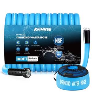 lot 13461 image: Kohree NSF 372 Certified 100-ft Drinking Water Hose, 58 Premium RV Water Hose with Storage Bag, Heavy-Duty Machined Fittings, Leak Free, No Kinks, Potable Water Hose for RV, Camper, Garden - Blue