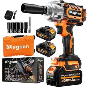 lot 13467 image: MAGSEN 12 Cordless Impact Wrench, 900Ft-lbs (1200N.m) Brushless High Torque Impact Gun,3800RPM,3 Variable Speeds,LED Light,2x4000mAh Battery, 5 Sockets,Electric Impact Gun for CarMowerPickup