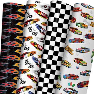 lot 14379 image: ZINTBIAL Race Car Wrapping Paper for Kids Birthday - Flames, Checkered Flags, Colorful Racing Cars and Happy Birthday Words Designs - 20 x 29 Inches, 8 Folded Sheets, Easy to Store��