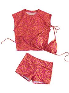 lot 14396 image: SOLY HUX Womens Floral Print Halter Top and Shorts Bikini Bathing Suits 3 Piece Swimsuit with Cover Up Top Orange Floral, Medium,