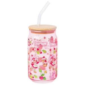 lot 14403 image: Silver Buffalo Strawberry Shortcake Berry Print Glass Tumbler with Bamboo Lid and Glass Straw Featuring Strawberry Shortcake and Custard, 16 Ounces