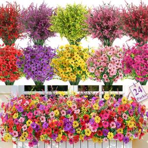 lot 14409 image: SHareconn 24 Bundles Artificial Flowers for Outdoors Decoration, Faux Plants Fake Silk Colorful Daisy Eucalyptus Lavender, UV Resistant for Outside Home Porch Patio Indoor Spring Decor, Mix 5 Colors