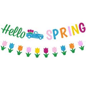 lot 14418 image: JKQ Glitter Hello Spring Banner with Tulip Truck Signs and Colorful Glittery Tulips Banner Hello Spring Flowers Garland Easter Birthday Party Fireplace Mantle Decorations