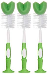 lot 14422 image: Amazon Brand - Mama Bear Baby Bottle Brush with Nipple Cleaner and Suction Cup Stand, White (Pack of 3)