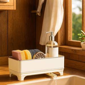 lot 19051 image: Sponge Holder for Kitchen Sink �� Rustproof Stainless Steel, 360° Rotating Drain Pipe, Large Counter Organizer with Drip Tray for Sponges, Brushes & Dish Cloths Off-white