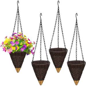 lot 19115 image: MorningRo 4 Pcs Hanging Plant Flower Basket for Outdoor Spring Decoration, 7.87 Inches Black Iron Chain Wicker Woven Conical Artificial Flower Hanging Basket, Plants Not Included (Coffee) (3 ONLY )