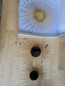 lot 19118 image: Gold Metal Sunburst Wall Mirrors Set of 3 (Large One Missing Mirror)