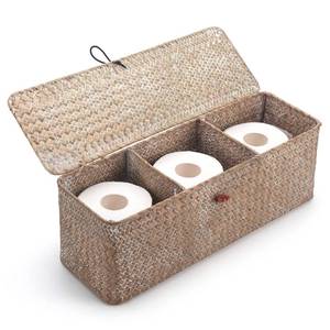 lot 19119 image: Whitewash Seagrass Tank Basket with Lid Woven Toilet Roll Storage Basket with Sections Rectangular for Organize Snack Toys (Large Compartment 16.5inch L x 5.5inch W x 5.5inch H)