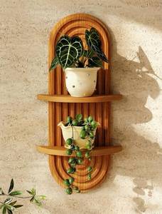 lot 19138 image: Bamworld Boho Wall Decor Brown Plant Wall Shelf Mid Century Modern Decor Hanging Plant Shelf 16.7in 2 Tier Wooden Floating Shelves for Home Bathroom Bedroom Living Room Office Holding Planter