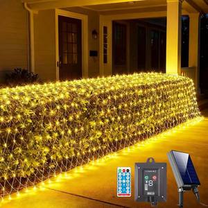 lot 20299 image: HEYCOLOR 21FT x 5FT Solar Christmas Net Lights Outdoor with Remote, 360 LED USB Warm White Mesh Lights for Bushes Waterproof, 8 Modes Green Wire Christmas Trees Light Patio Indoor Decor