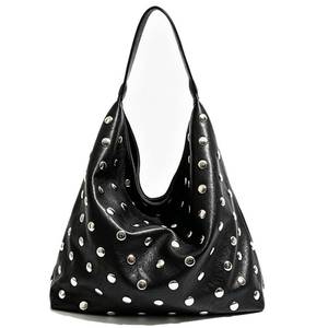 lot 20304 image: Studded Hobo Bags for Women, Soft Vegan Leather Rivet Slouchy Tote Purse, Punk Studded Deco Shoulder Handbag