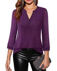 lot 20305 image: Timeson Christmas Tops for Women 2025 34 Length Sleeve Dressy Casual - Sparkly Tops - Fall Blouses for Women Plus Size Glitter Shirts New Year Eve Peasant Pretty Tunnic Fashion Work Attire Purple XL