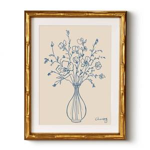 lot 20321 image: HUARCEY Botanical Blue Line Art 11x14 Inch Minimalist Flower Vase Print, Gold Bamboo-Textured Frame Modern Canvas Art for Living Room Bedroom Bathroom, Neutral Floral Home Office Gallery Wall Decor