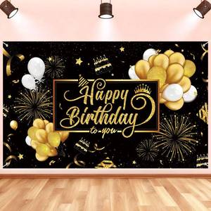 lot 20378 image: Happy Birthday Backdrop Banner, Black and Gold Birthdays Banner Backdrop, Happy Birthday Party Decorations Yard Sign Background for Kids Birthdays Party Indoor Outdoor Decorations