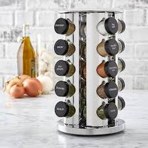 lot 13474 image: Kamenstein 20 Jar Revolving Countertop Spice Rack with Spices Included, FREE Spice Refills for 5 Years, Polished Stainless Steel with Black Caps, 30020