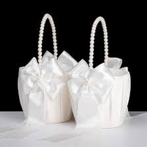lot 14449 image: White Satin Wedding Flower Girl Baskets with Ribbon Handles