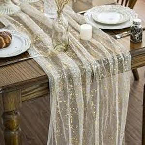 lot 14473 image: Packs Gold Table Runner - Glitter Metallic Foil Sheer Gauze, Wedding Party Home Decor for Dining Table