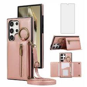 lot 14498 image: Asuwish Compatible with Samsung Galaxy S25 Ultra 5G Wallet Case with Screen Protector and Crossbody Shoulder Strap Card Holder Cell Phone Cover for S25Ultra 25S S 25 25Ultra 6.9 2025 Women Rose Gold