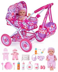 lot 1492 image: BABESIDE Baby Doll Stroller Set with 12 Inch Baby Doll, 14 Pcs Baby Doll Accessories, Folding Doll Pram Pretend Play Set, Feeding, Bath & Care Toys, Gift for Girls Ages 3yrs