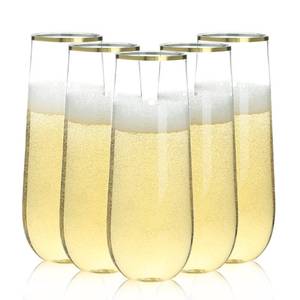 lot 1494 image: Bestluck 48 Pack 9 oz Stemless Plastic Champagne Flutes, Clear Disposable Champagne Glasses Gold Rim, Shatterproof and BPA-Free Drinkware for Party & Graduation & Wedding