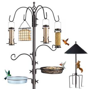 lot 1495 image: NestShld Bird Feeding Station Kit, 94 Inch, 6-Hook, with Squirrel Baffle, Metal Birds Feeder Stand Pole with Bird Bath and Mesh Tray, Freestanding 5-Prong Base