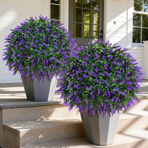 lot 1517 image: HyeFlora 26 Artificial Topiary Boxwood Ball Trees with Lavender 2 Pack Fake Plants for Outdoor Indoor Artificial Shrubs with Ground Spike UV Resistant Fake Bushes for Front Porch Garden (Purple)