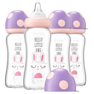 lot 1545 image: YOHKOH Natural Glass Baby Bottle with Level 2 Medium Flow Nipple, Newborn Anti-Colic Baby Bottles, Wide Neck Mushroom Baby Glass Bottle ((8.8oz (Pack of 4), Purple-A)