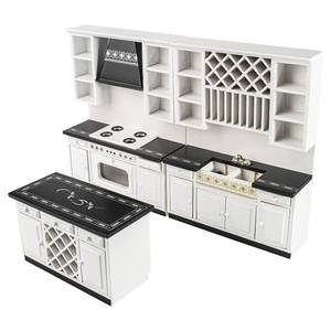 lot 1557 image: 112 Scale Mini House Wooden Furniture Miniature Kitchen Cabinet Mini Bar Counter Furniture Set (White and Black)