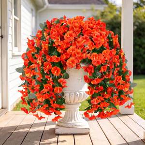 lot 1562 image: Sggvecsy Artificial Fake Hanging Flowers Plants for Outdoor Outside Spring Summer Decoration 4PCS Faux Silk UV Resistant Realistic Morning Glory Trailing Vines for Home Porch Patio Balcony(Orange)