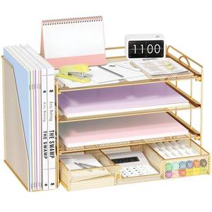 lot 1575 image: OPNICE Desk Organizers and Accessories, 4-Tier Paper Letter Tray Organizer with Removable File Holder  Drawer, Office Desktop Workspace File Organizer for Office Supplies Desk Accessories (Rose Gold)