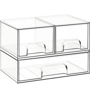 lot 1588 image: Criusia Stackable Storage Drawers, 3 Pack Clear Acrylic Makeup & Bathroom Organizer, Versatile Storage Bins for Vanity, Under Sink, Kitchen Cabinets & Pantry