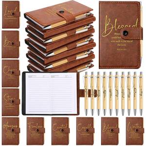 lot 1592 image: Spakon 60 Pcs Fathers Day Christian Gifts Bulk Leather Prayer Journal Religious Scripture Notebook with Bible Verse Pens for Graduation Coworker Women Men Church Members (English Bible Words)
