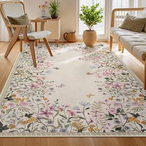 lot 1594 image: Wonnitar Washable 5x7 Rug for Living Room, Floral Print Large Bedroom Area Rug, Non-Slip Dining Table Throw Mat, Botanical Area Rug Carpet for Entry Basement Dorm (Beige,5x7)