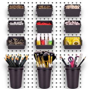 lot 1599 image: G.CORE 12 Pack Pegboard Bins PegBoard Cups with Hooks & Loops, Peg Board Hooks Assortment Organizer Accessory, Various Tools Storage Arrange Kit for Garage Craft Workshop Workbench