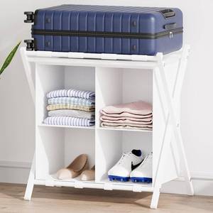lot 1611 image: aboxoo Luggage Rack with storage, Guest Room Folding Suitcase Stands, Holds up to 120 lb, Space Saving Suitcase Holders for guest room, Bedroom Hotel, White