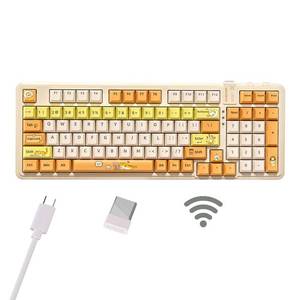 lot 1617 image: AUSDOM 98Pro Wireless Mechanical Keyboard, Tri-Mode Bluetooth2.4GHzUSB-C Gasket Hot Swappable Custom Gaming Keyboard with Backlit, PBT Keycaps, Linear Switches, for WindowsMacPC (Yellow Cat Theme)